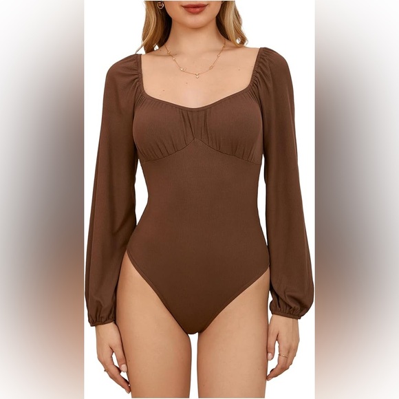 Medium Brown Long Sleeve Bodysuit - Picture 2 of 2